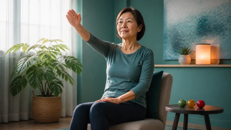 Woman performs a gentle seated arm movement in a calm home setting
