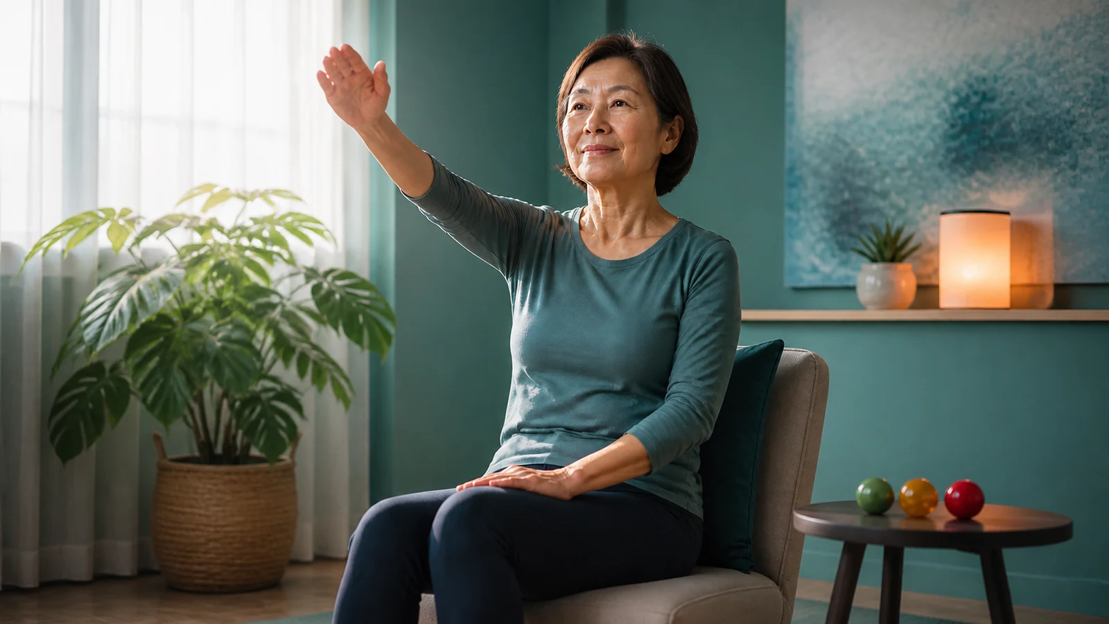 Woman performs a gentle seated arm movement in a calm home setting