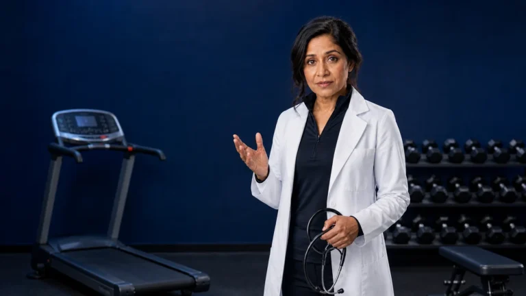 Facebook-derived illustrative clinician discussing exercise in a gym setting.