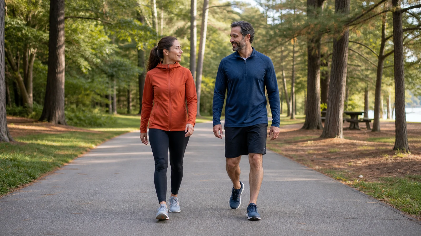 Illustrative adults walking together and talking on a level park path.