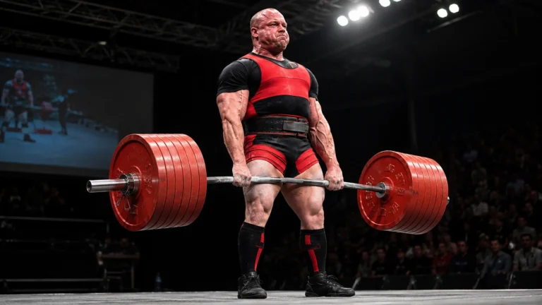 Illustrative recreation of Carl Yngvar Christensen locking out an equipped deadlift