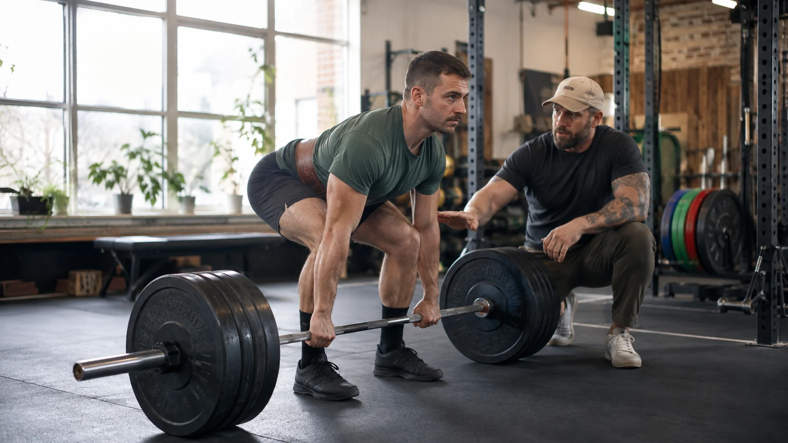 Recreational lifter practicing a moderate conventional deadlift with a coach cueing bracing and hip position
