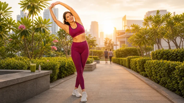 Illustrative woman stretching on a leafy terrace at sunrise; not a verified photograph of Aishwarya Rai.