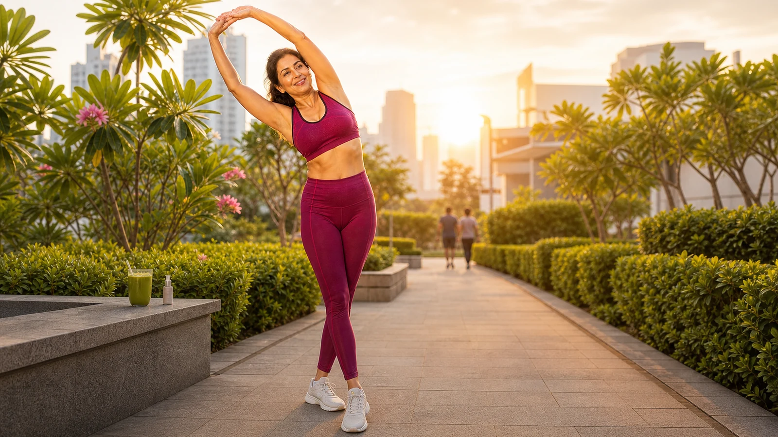 Illustrative woman stretching on a leafy terrace at sunrise; not a verified photograph of Aishwarya Rai.