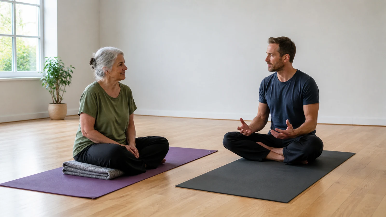 Older woman settling onto a yoga mat with an instructor nearby before a beginner class.