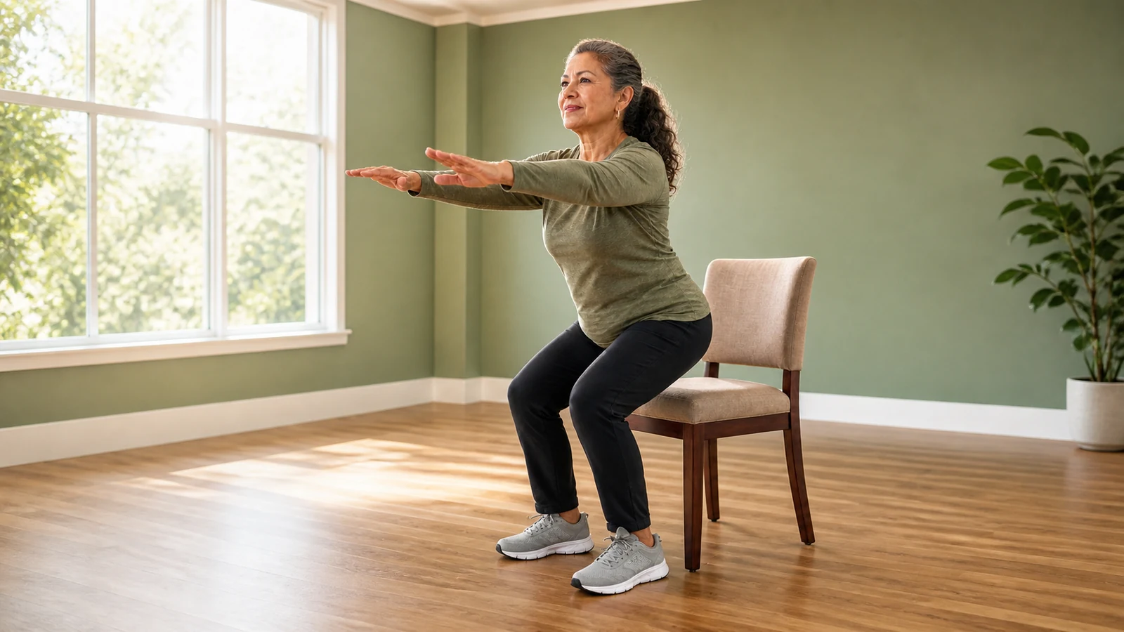 Older woman practicing a chair squat beside a beige chair in a sunlit room.