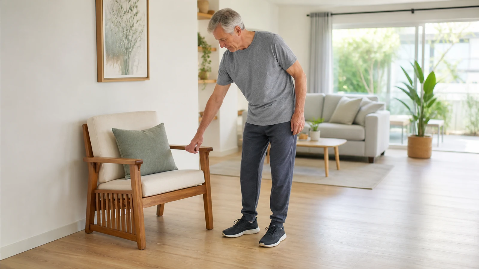 Older man preparing a sturdy armchair against a wall for a home movement session.