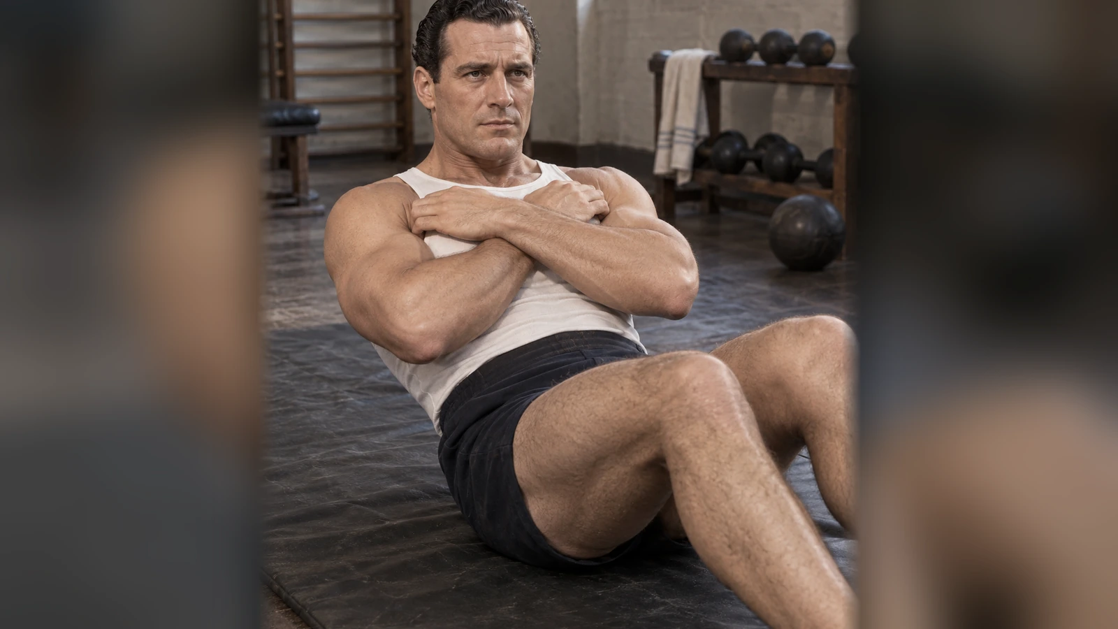 Man in a light tank top with his upper body raised from a gym floor.