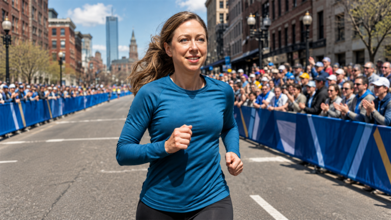 Chelsea Clinton running a marathon through a crowded city street