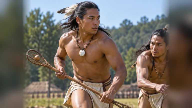 Editorial illustration of Choctaw stickball players holding traditional sticks; not a historical photograph or depiction of a documented match.