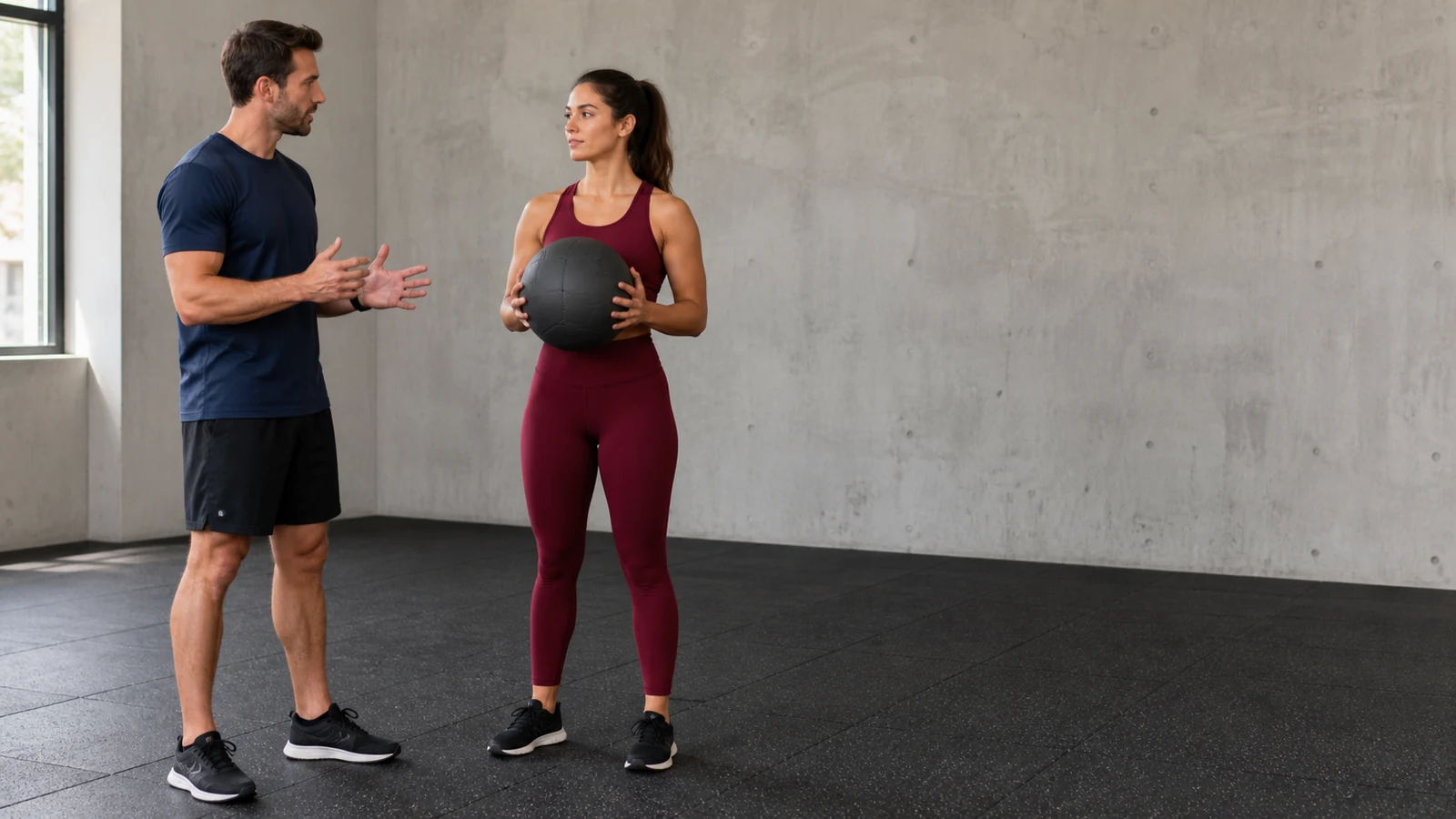 Illustrative photo of a woman holding a medicine ball while discussing equipment with a trainer