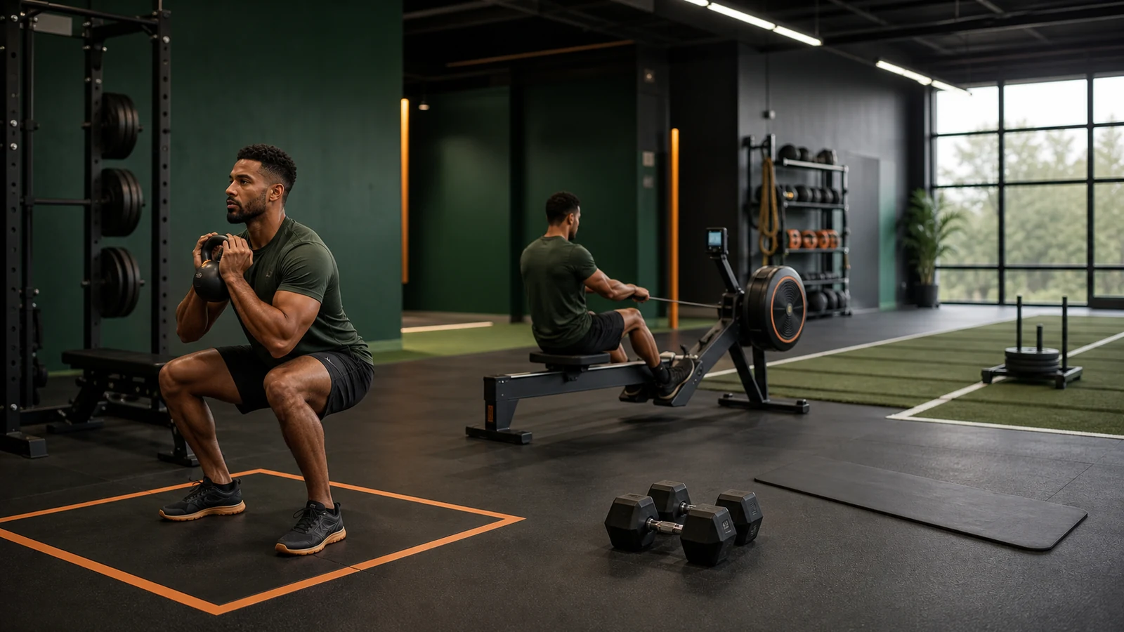 Athlete completes a goblet squat at an organized circuit training station while another uses a rowing machine.