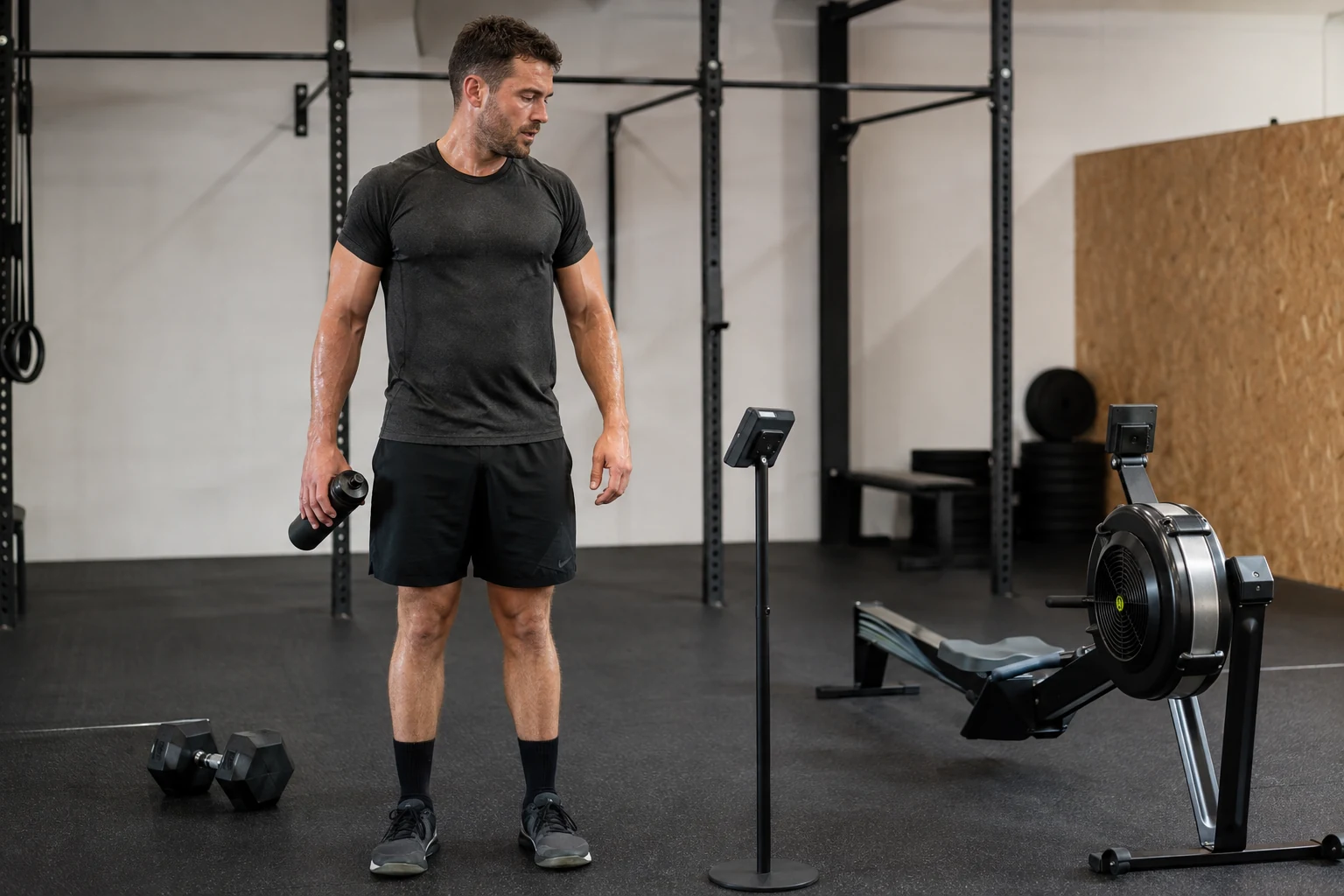 Athlete checks an interval timer during programmed rest between circuit stations.