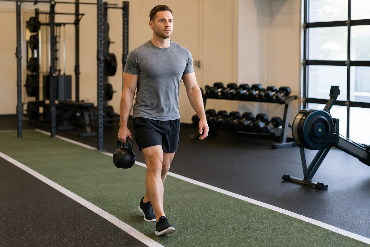 Athlete performs a suitcase carry with one kettlebell and level shoulders.