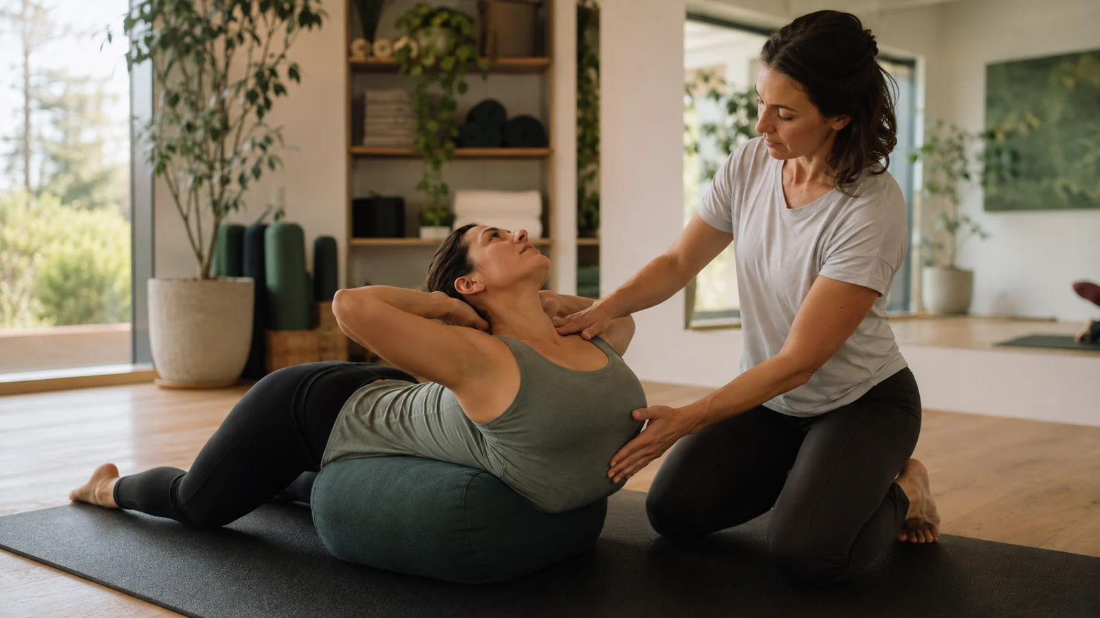 Coach guiding a woman through a supported thoracic extension exercise on a padded bolster