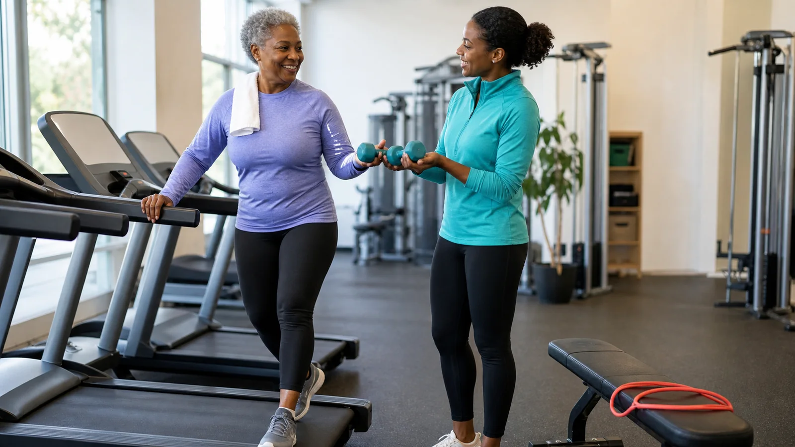Older woman and trainer prepare light dumbbells beside a treadmill in a supervised exercise gym