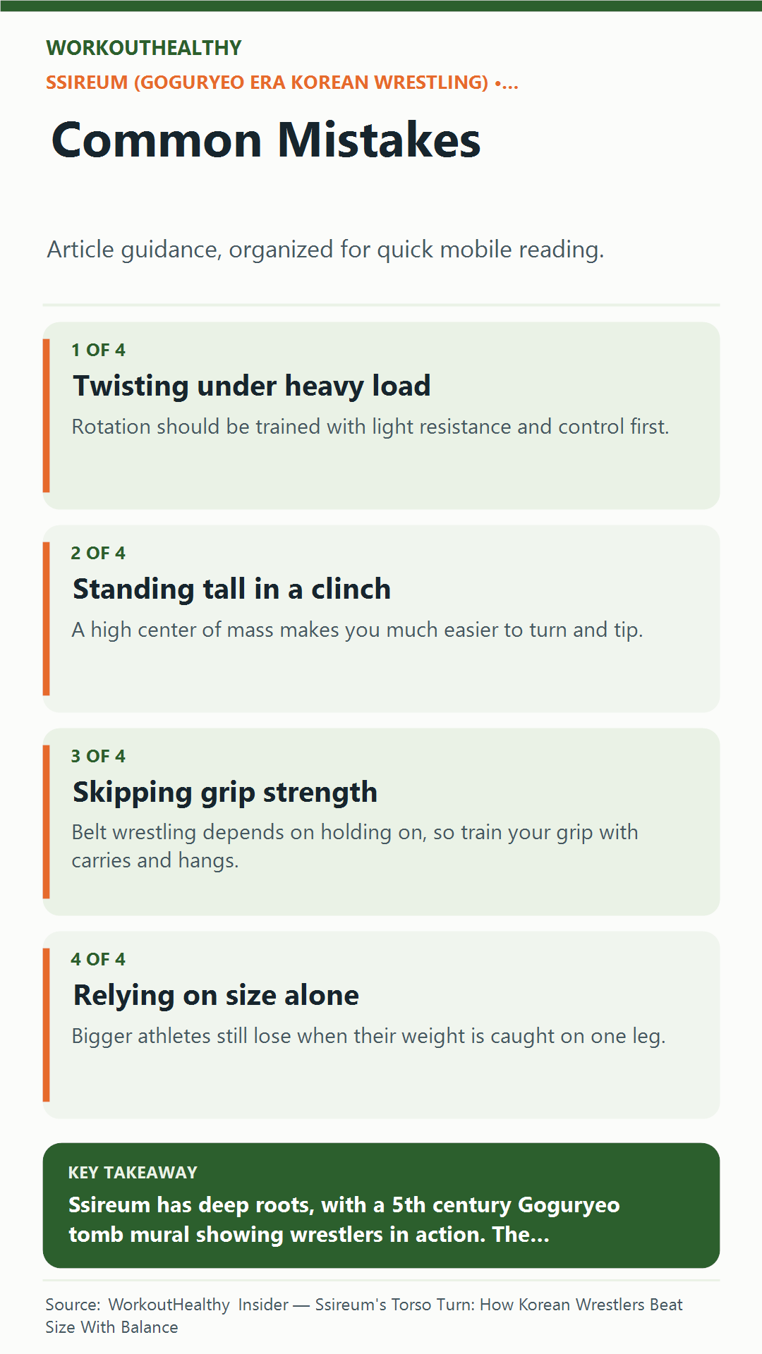 Common Mistakes: 4 practical points from the WorkoutHealthy Insider article about Ssireum (Goguryeo era Korean wrestling).