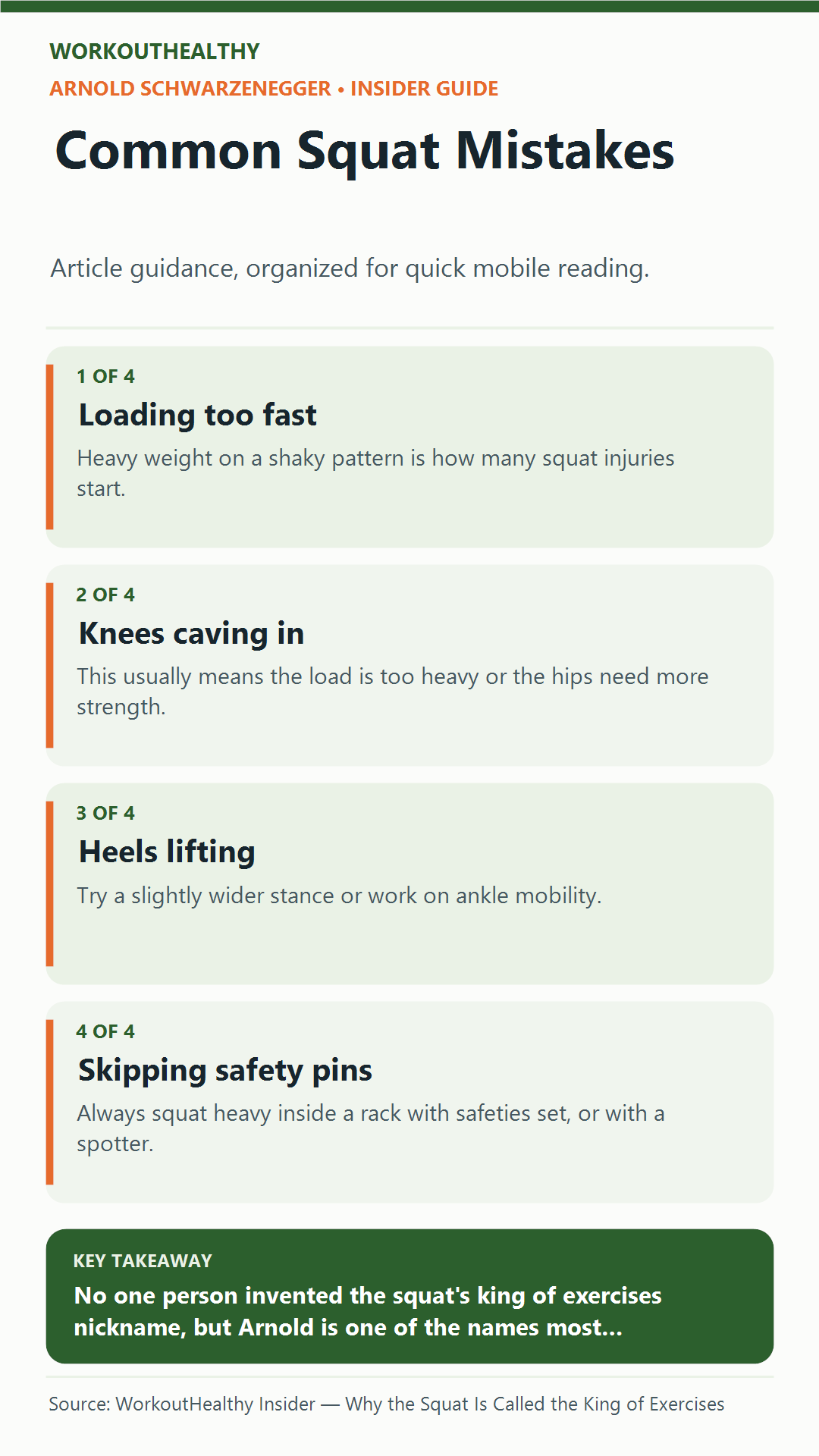 Common Squat Mistakes: 4 practical points from the WorkoutHealthy Insider article about Arnold Schwarzenegger.