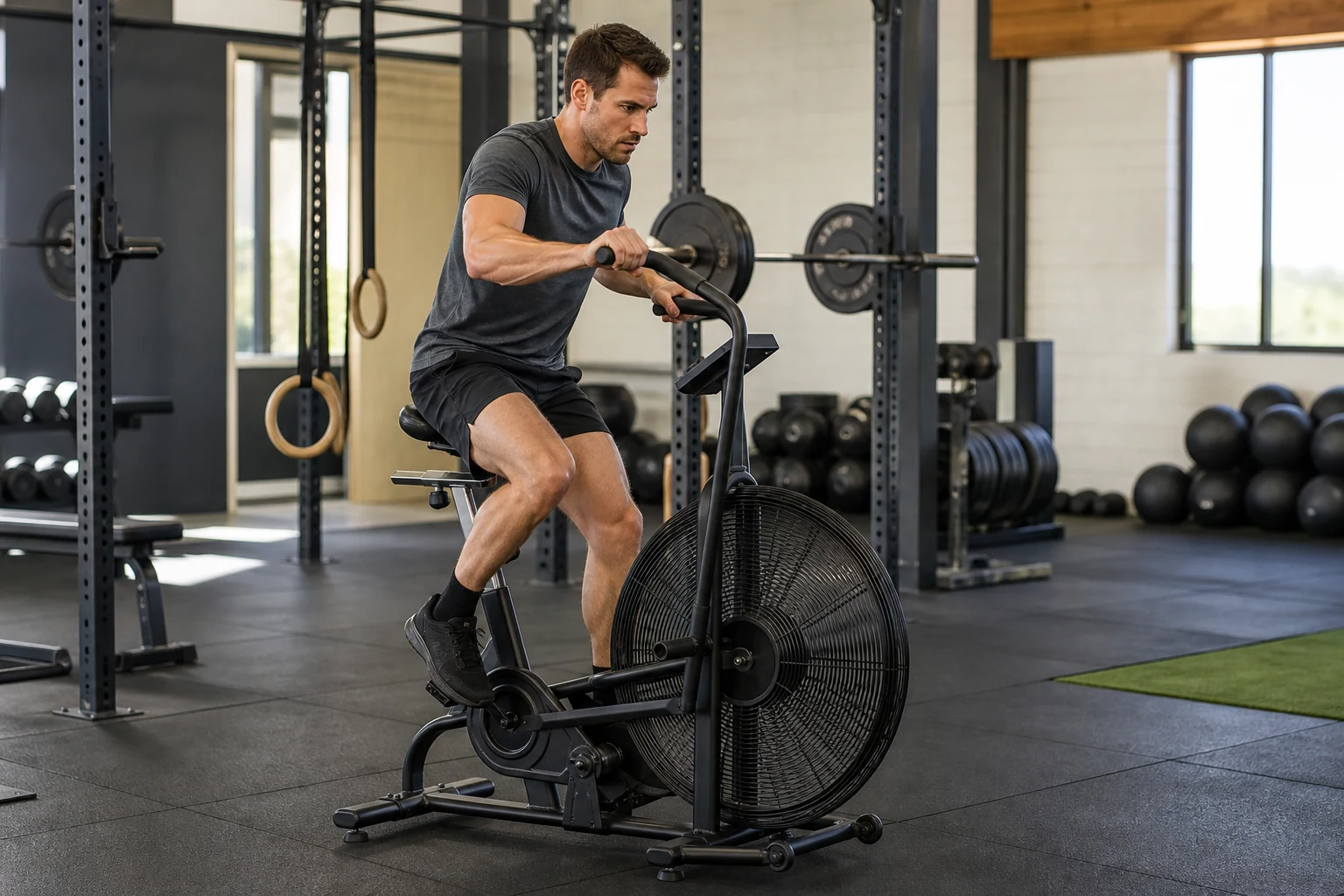 Strength athlete pedals an air bike with a squat rack behind him.