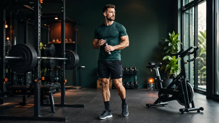 Athlete between a squat rack and stationary bike in a gym.