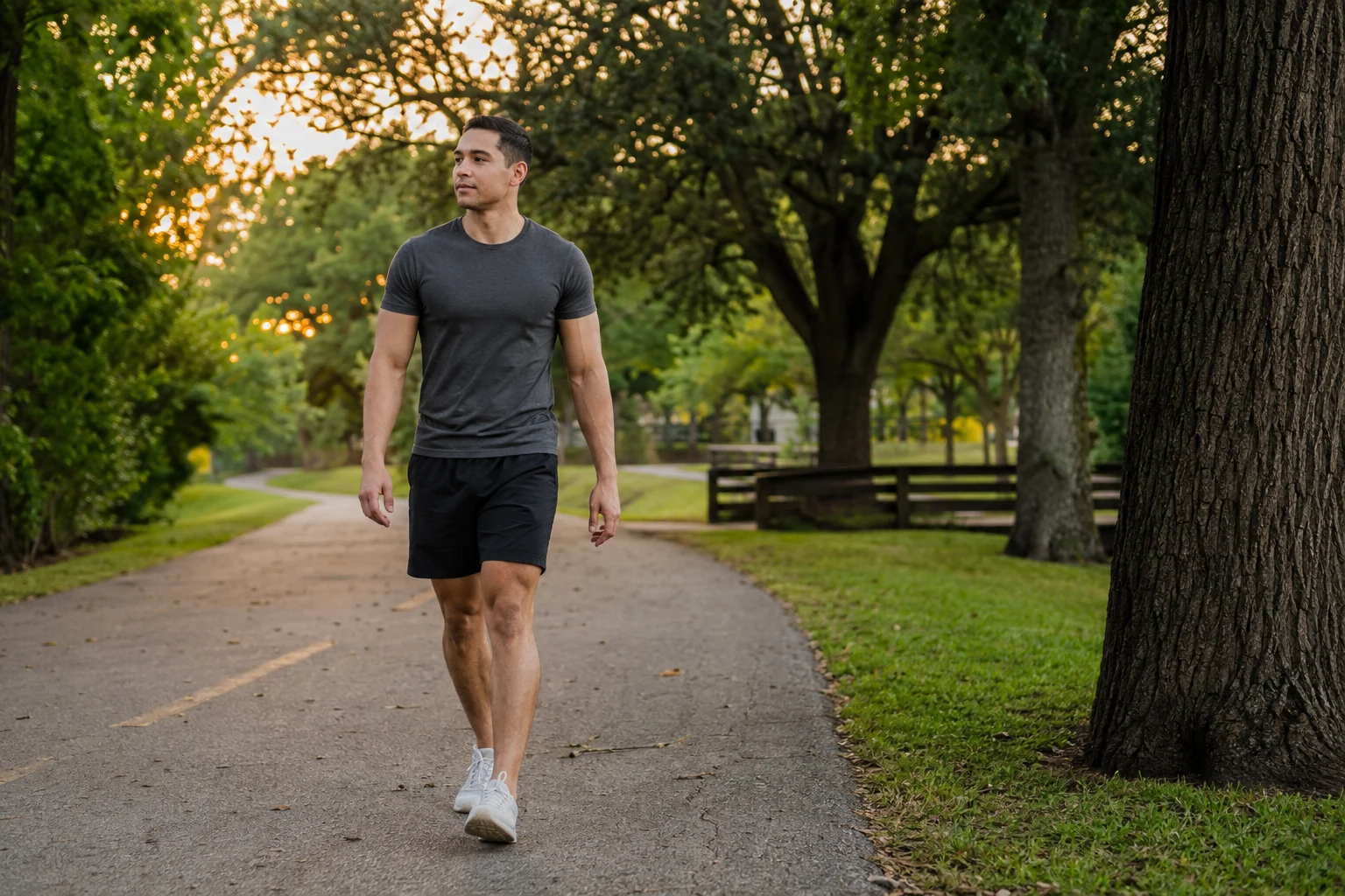 Strength trainee takes a relaxed recovery walk in a park.