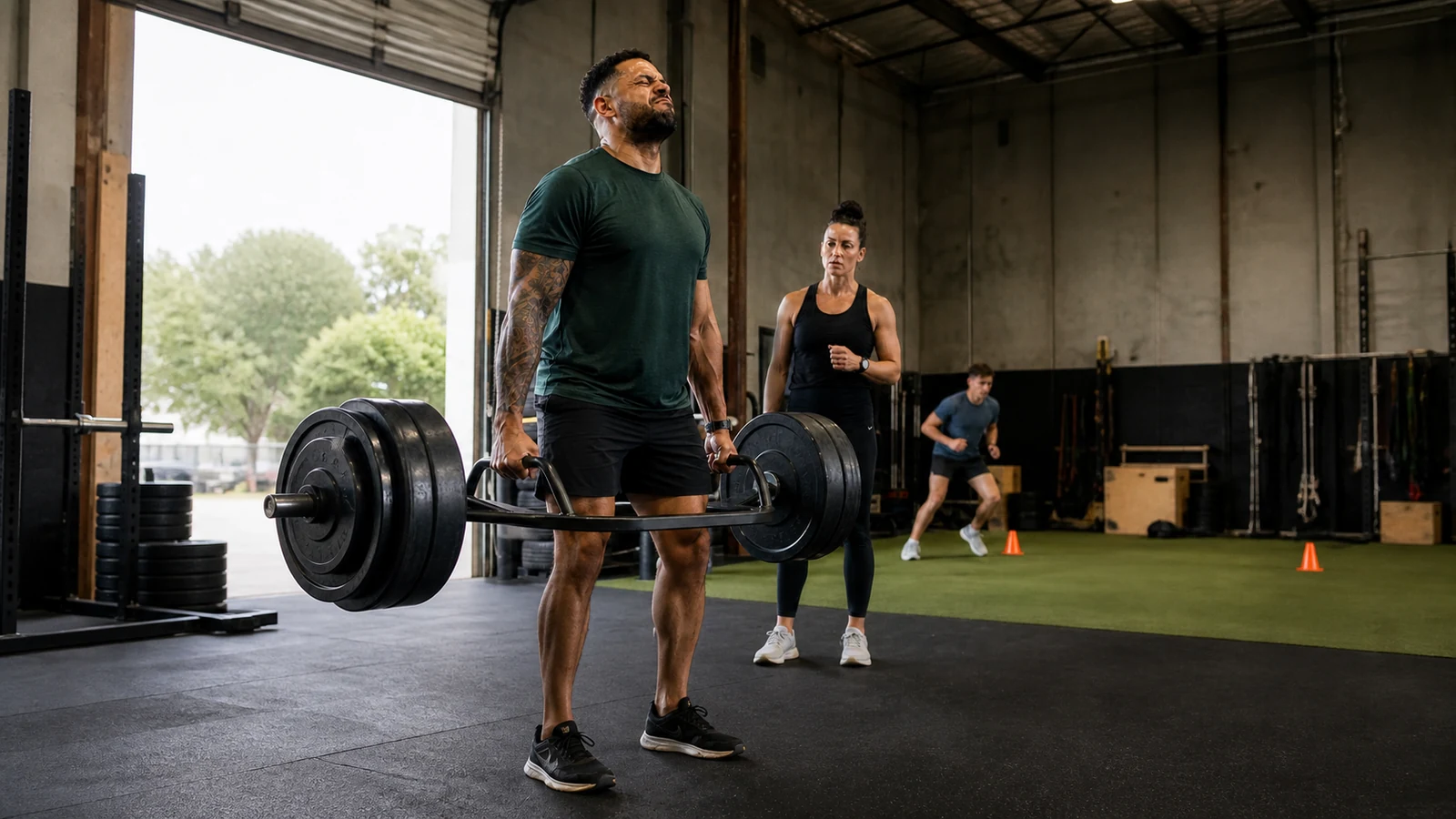 Man holding a loaded trap bar at standing lockout with a coach nearby in a gym