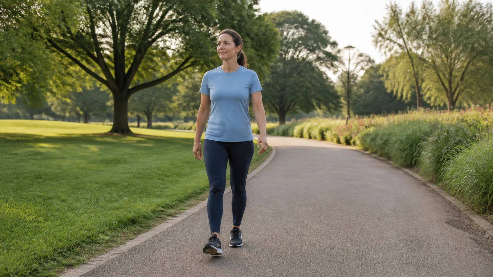 Adult walking at an easy pace along a park path after exercise.