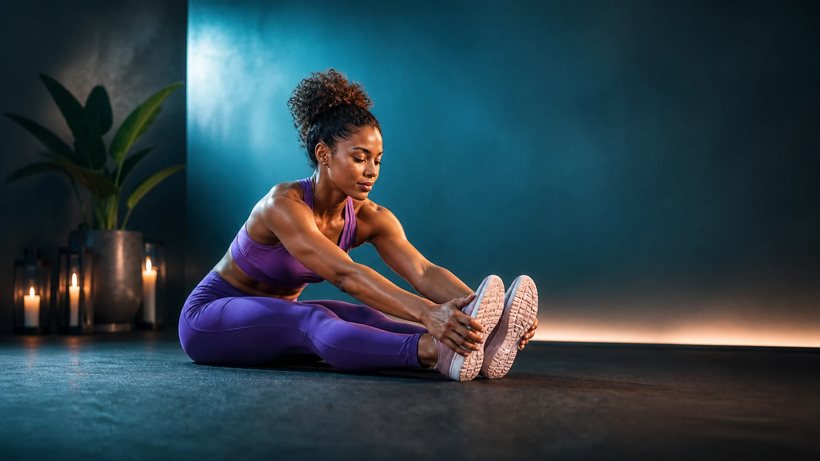 Woman in purple activewear doing a seated forward stretch on a mat.
