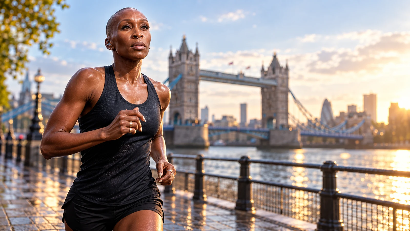 Editorial illustration of a runner beside Tower Bridge representing Cynthia Erivo's reflective marathon training.