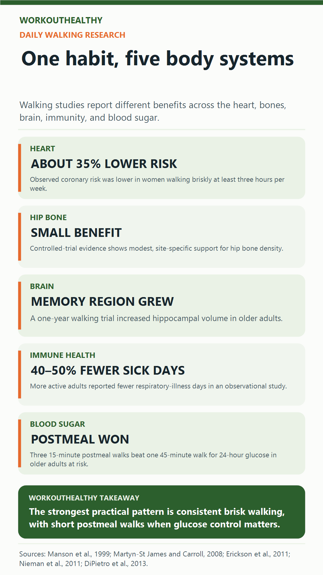Infographic summarizing research on walking and the heart, bones, brain, immune health, and blood sugar
