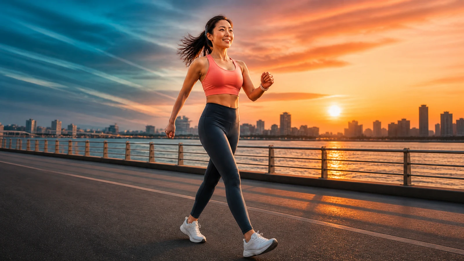 Woman briskly walking along a waterfront promenade at sunrise