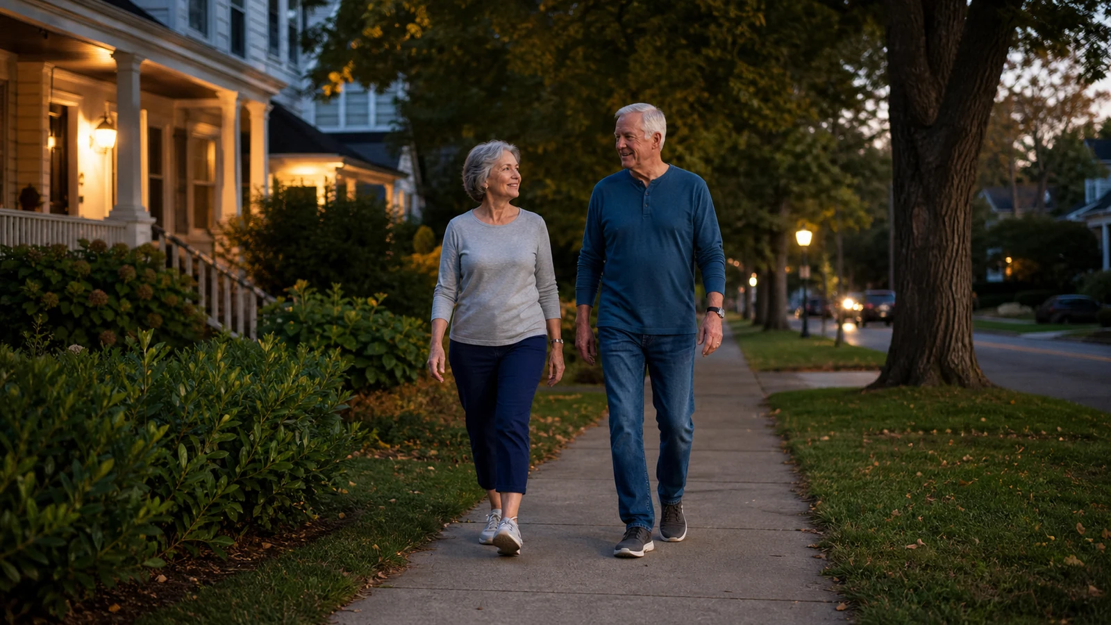 Older couple taking an evening walk together on a neighborhood sidewalk