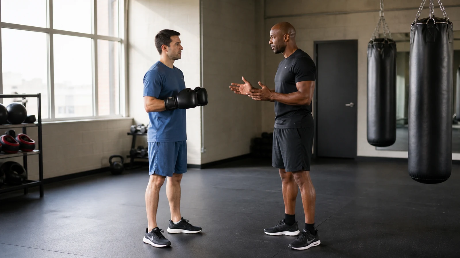 Beginner in boxing gloves listening to an instructor before a non-contact practice session.