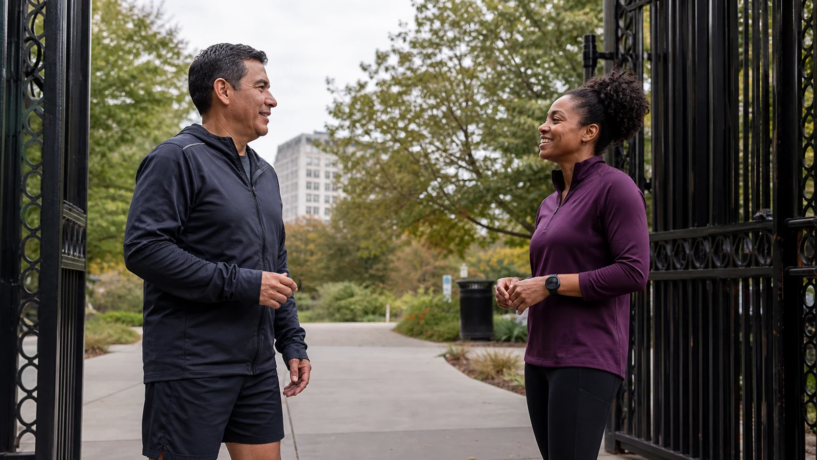 Two recreational runners meeting at a park entrance for a planned run.