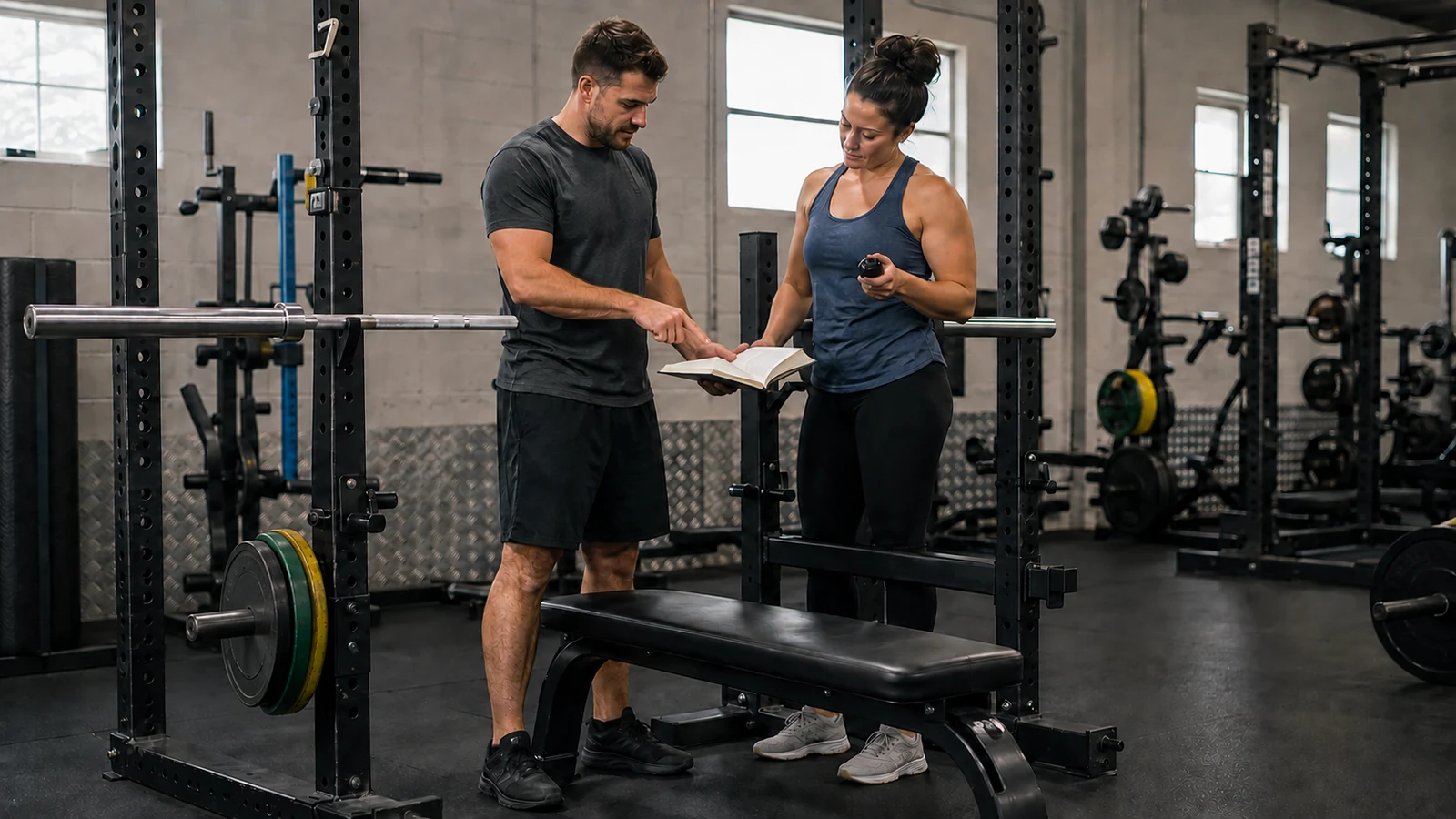 Recreational lifter and coach reviewing a training log beside an empty bench station.