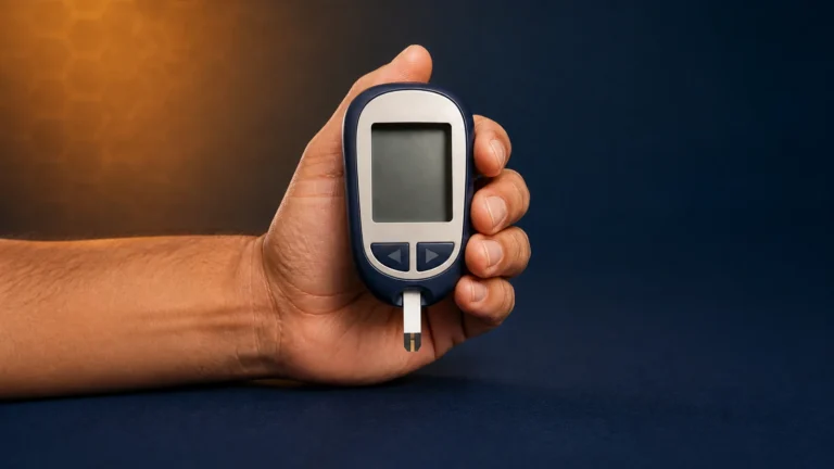 Hand holding an unbranded blood glucose meter with a blank display; no patient reading is shown.