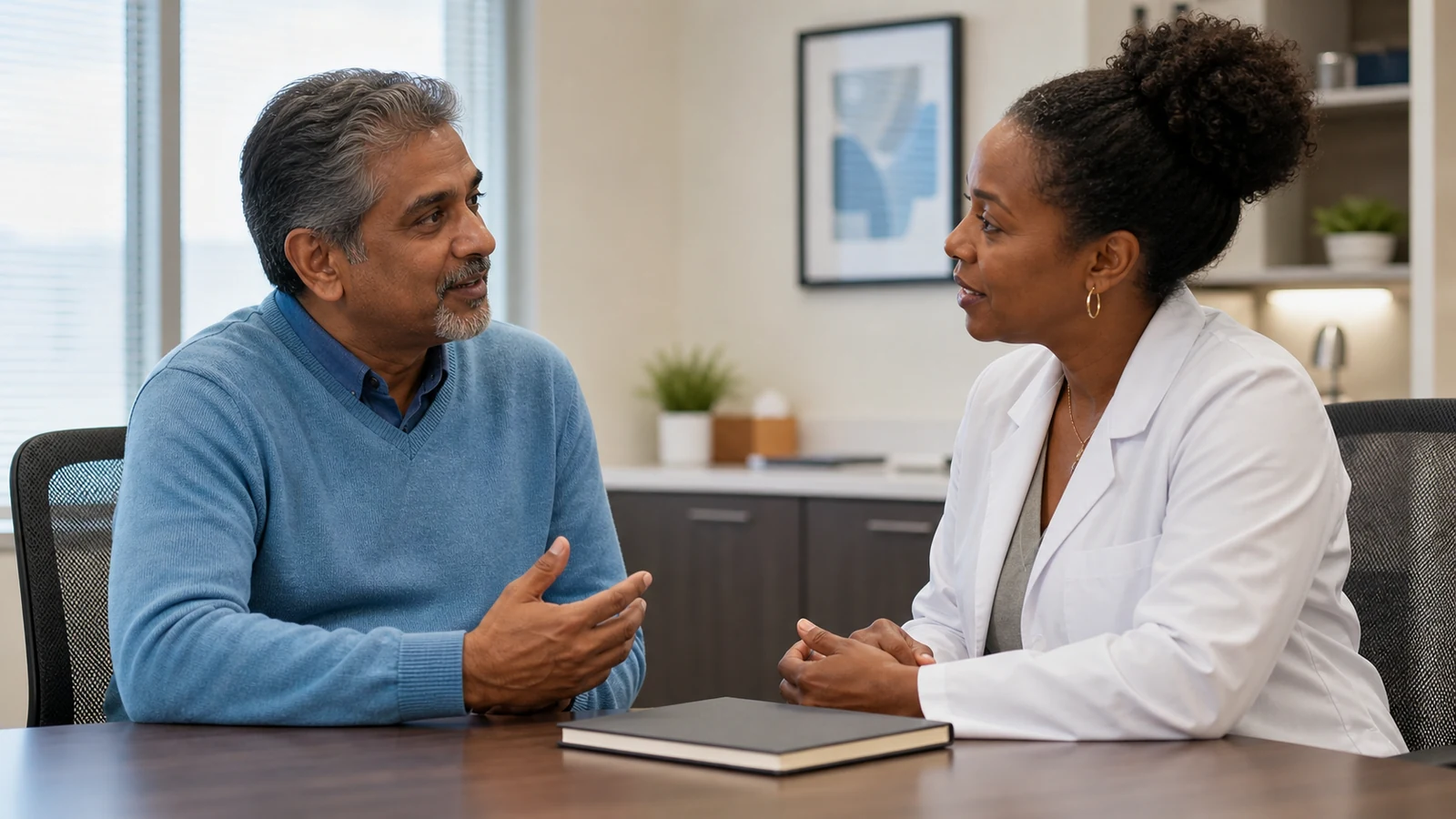 Adult and clinician discussing long-term diabetes care at a consultation desk, without visible test results.