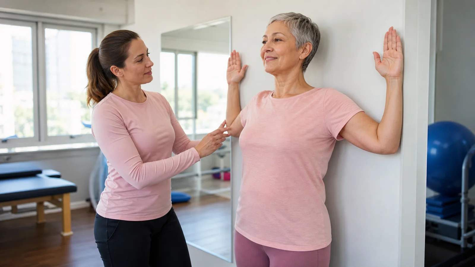 Therapist guides a woman through a gentle wall-supported shoulder movement in a rehabilitation room