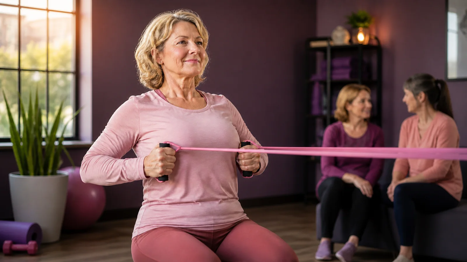 Woman performs a seated resistance-band movement in a rehabilitation exercise setting