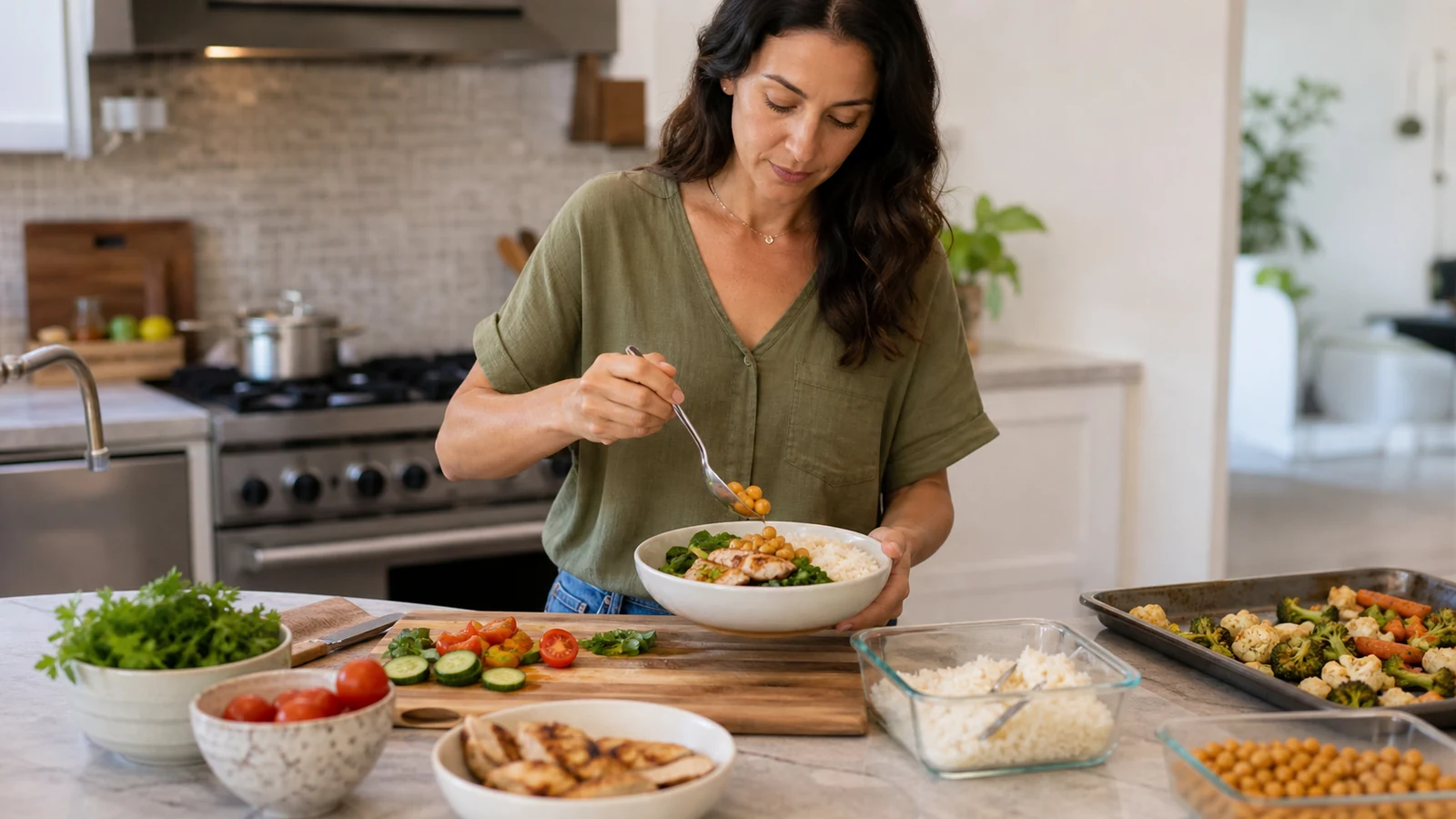 Illustrative woman assembling a balanced protein-containing meal at home.