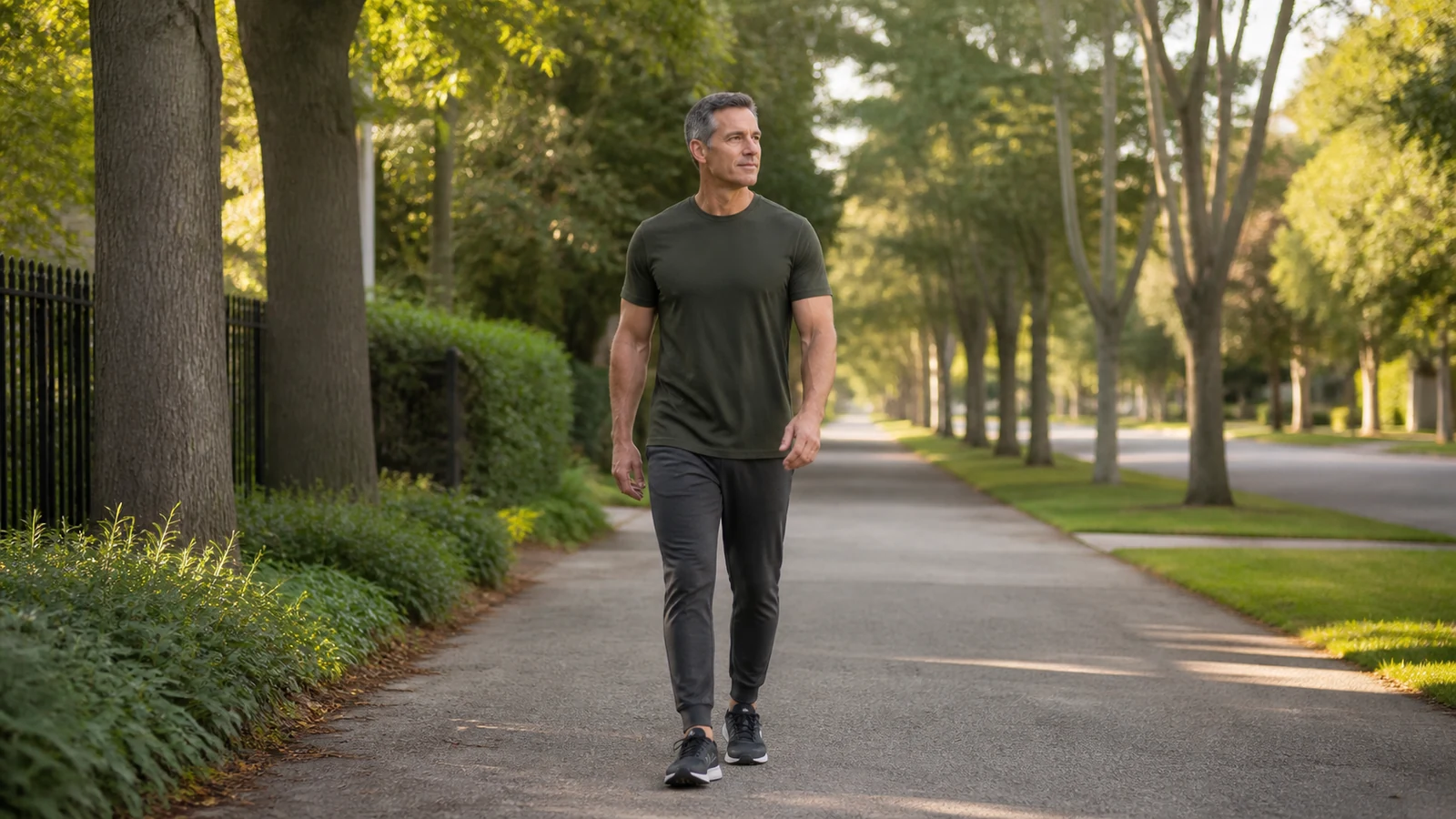 Man in olive athletic clothing walking at an easy pace on a level tree-lined path.