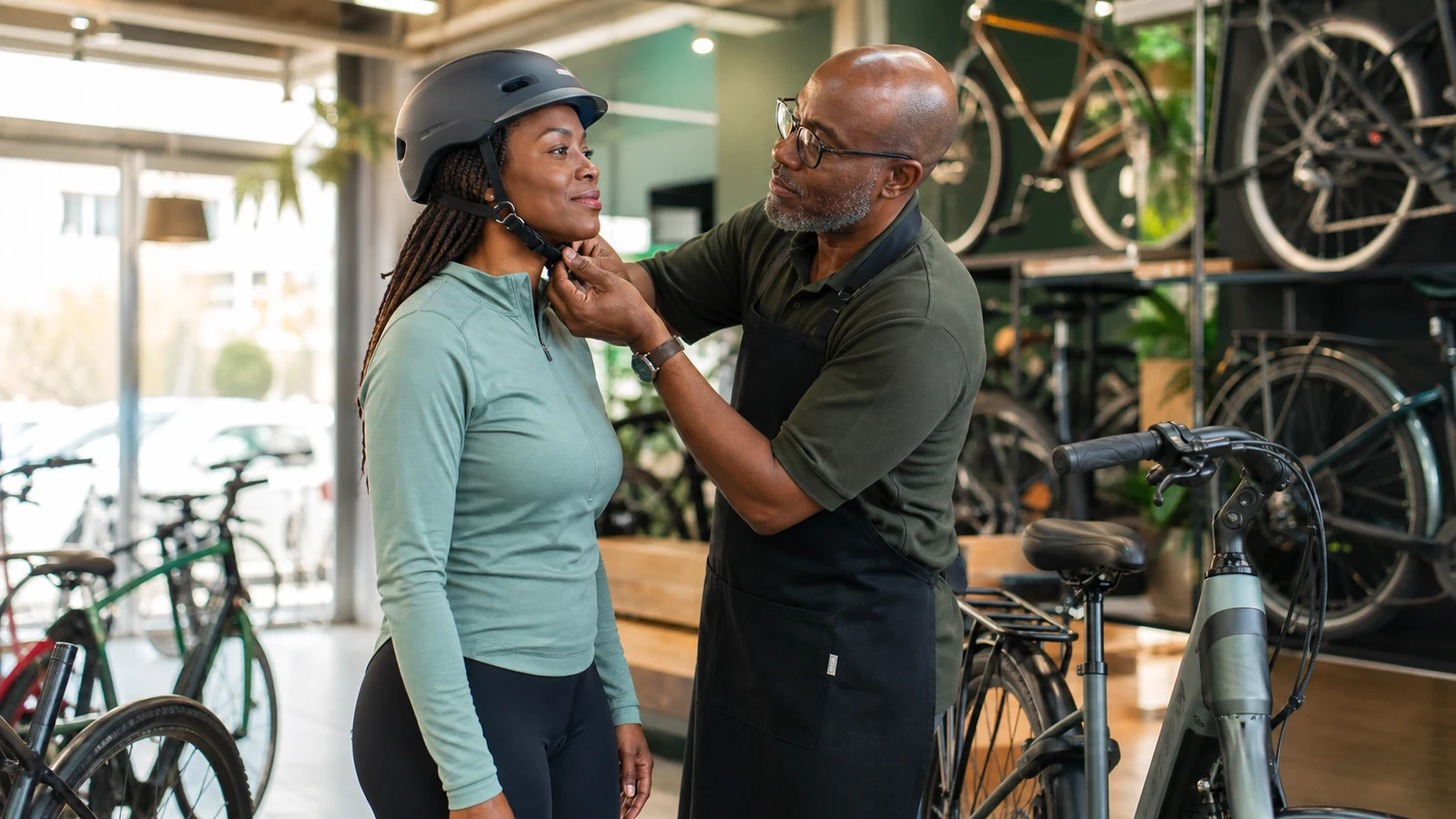 Bike-shop staff member adjusts a woman’s helmet chin strap