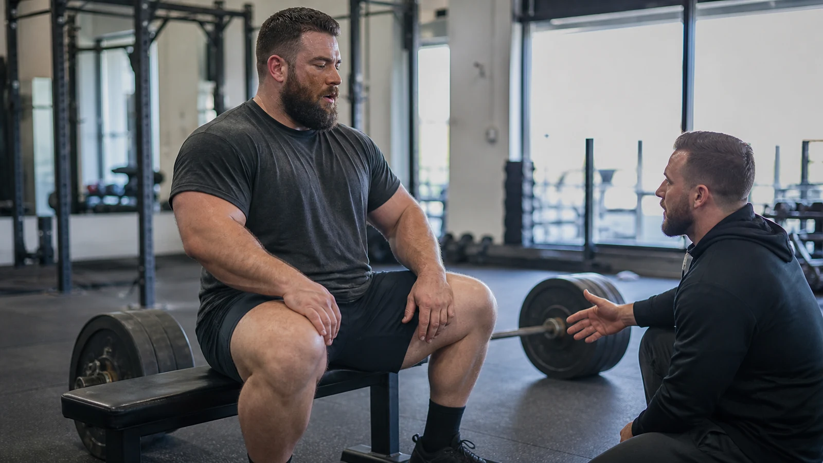 A large male lifter sits upright recovering after a hard deadlift set while a strength coach checks on him.
