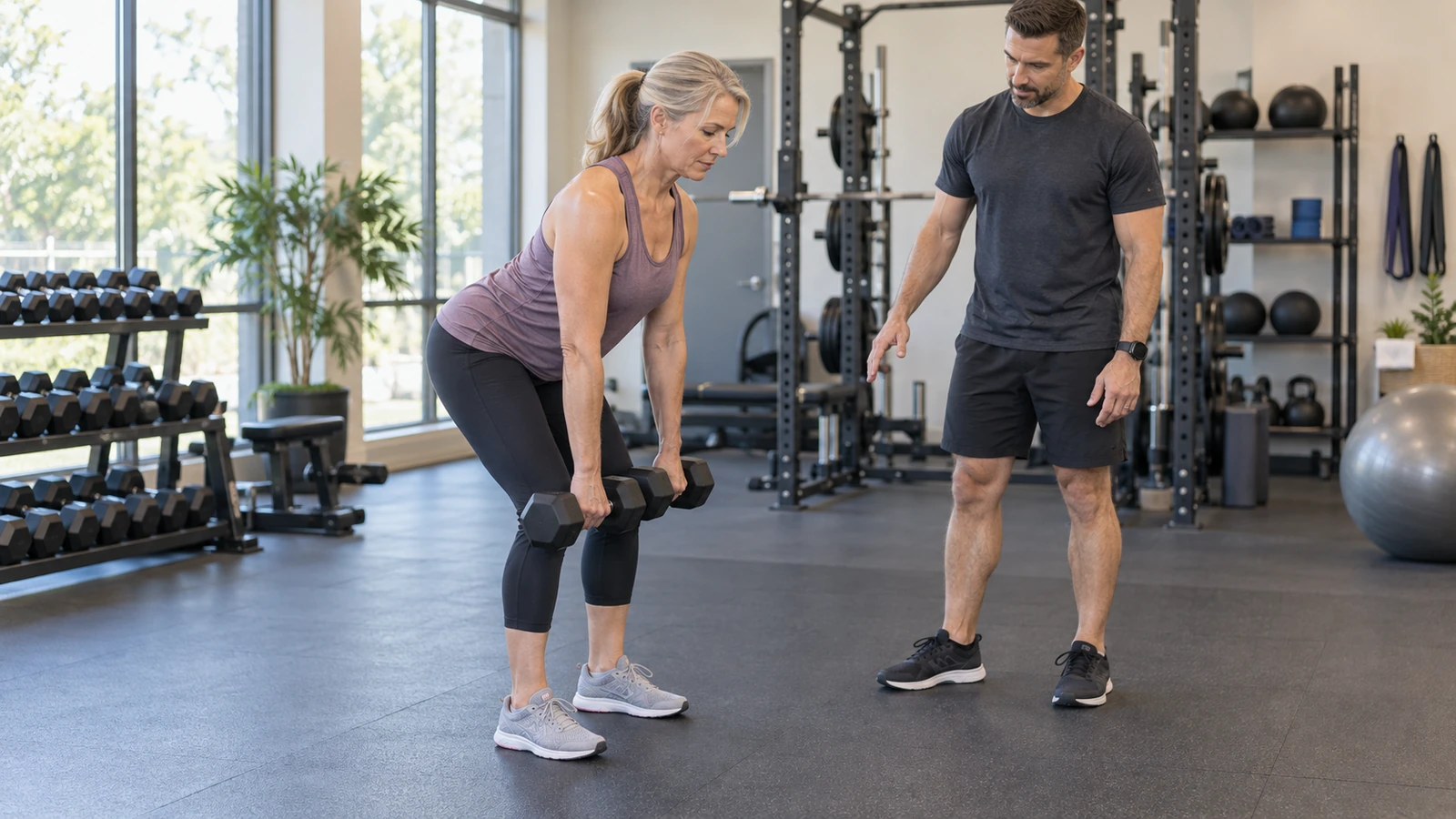 Woman performing a controlled dumbbell Romanian deadlift while a trainer observes