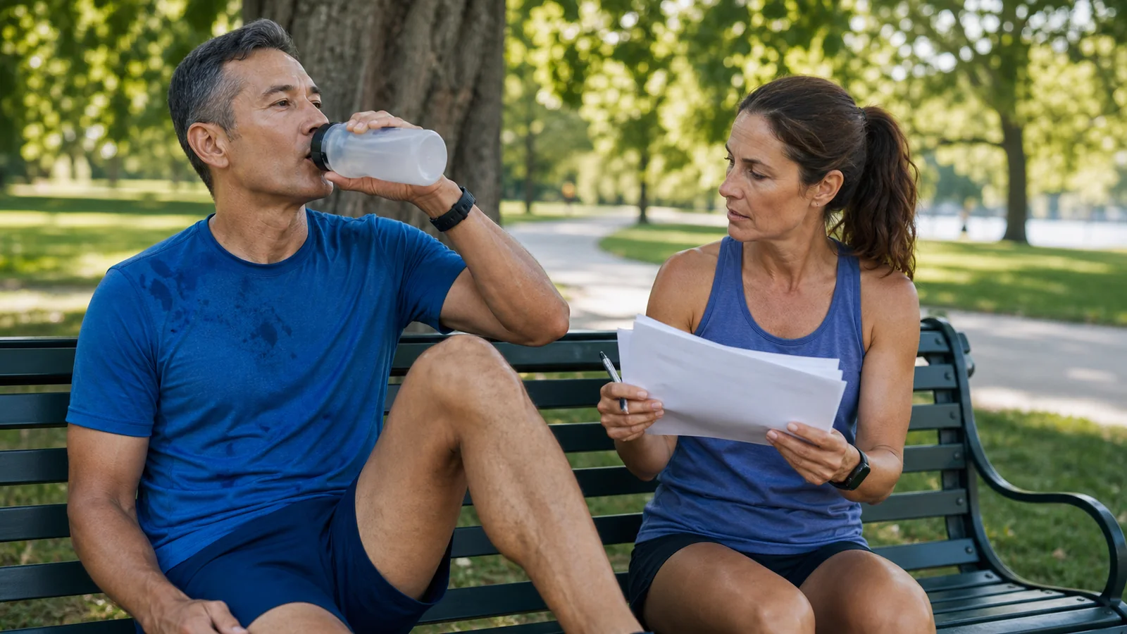 Runner drinks water while reviewing a training and recovery plan with a coach on a park bench