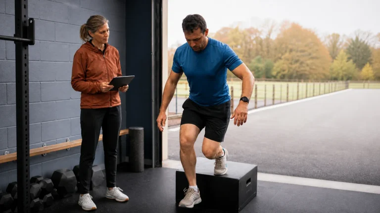 Endurance athlete practices a controlled step-down while a coach observes