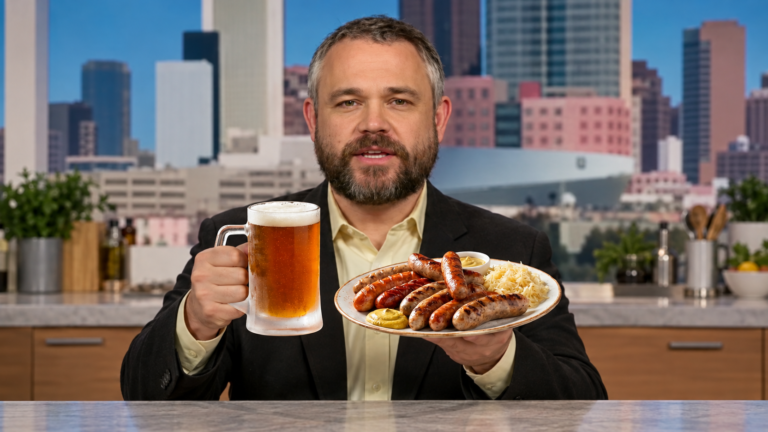 Editorial illustration of a man with beer and sausages; not a verified photograph of Evo Terra