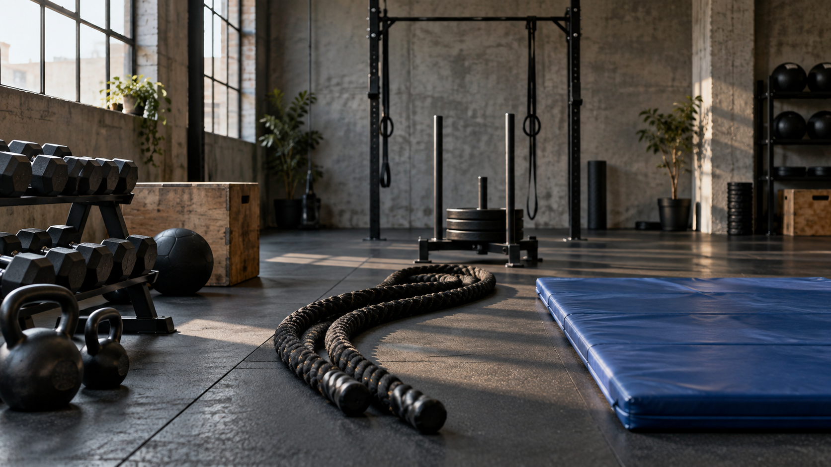 Free weights, battle ropes, sled, pull-up frame, and padded mat in a training studio