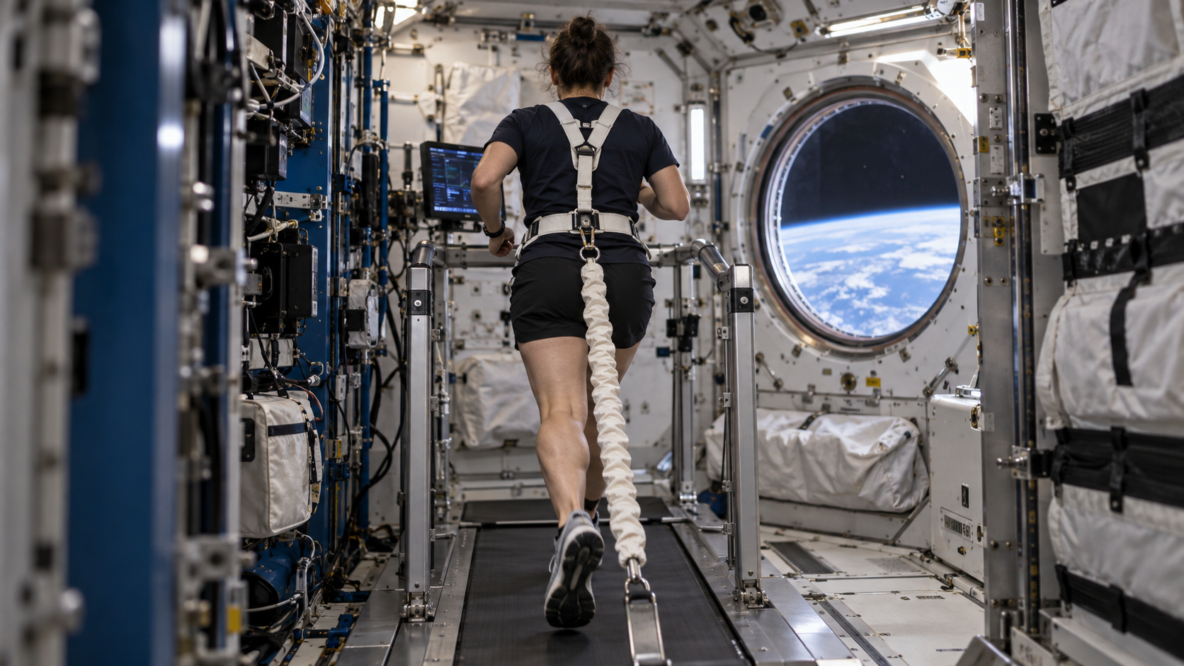 AI illustration of a generic astronaut running on a treadmill with a loading harness inside a space station