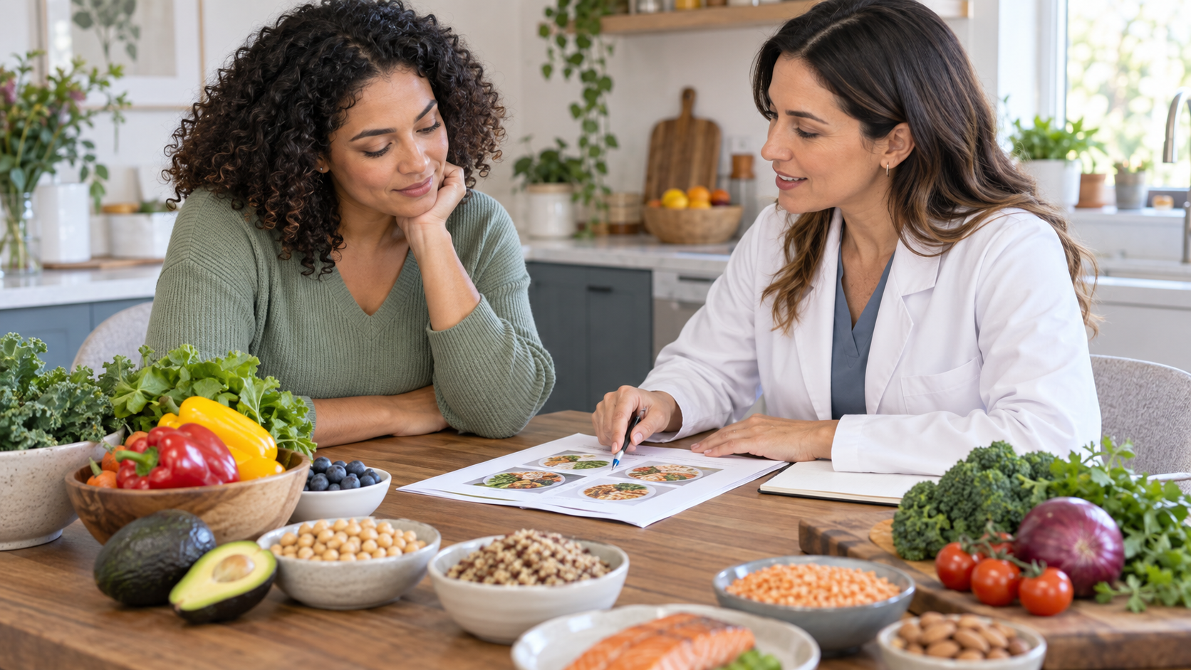 An adult discusses a balanced meal plan with a clinician at a kitchen table